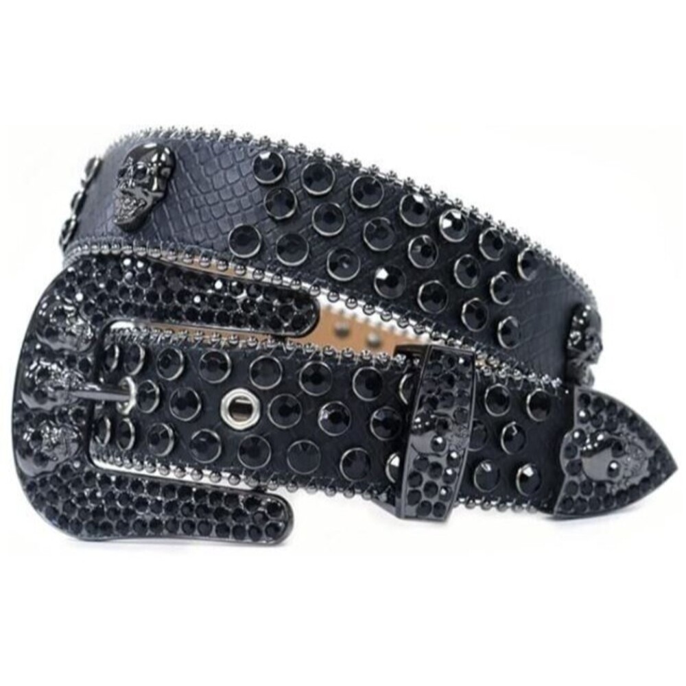 Wesharal Belt Black Rhinestone Diamone Inlays Skulls Western Cowgirl Size M/L